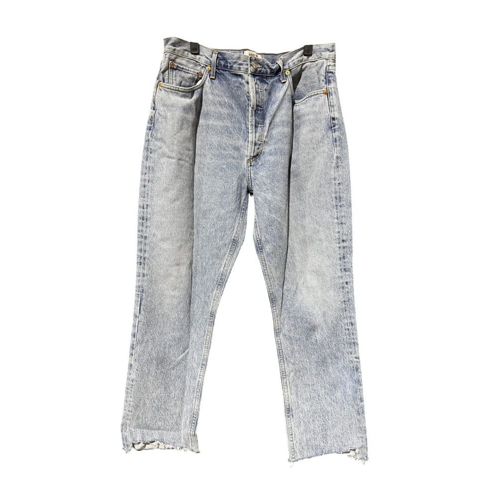AGOLDE‎ Jeans Mens 32 Blue Distressed Frayed Hem Button Fly Straight Leg Denim